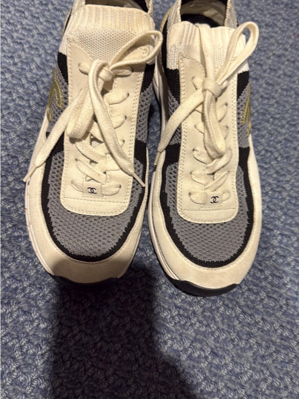 Authentic CHANEL White, Gray & Black Knit Lace-Up Sneakers